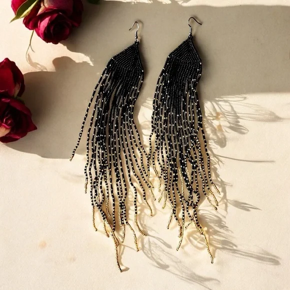 Dramatic Black and Gold Hand Beaded Cascade Earrings - Picture 12 of 16